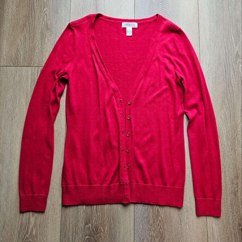 Women's Forever 21 Bright Red Long Sleeve Cardigan Sweater Button Down Small